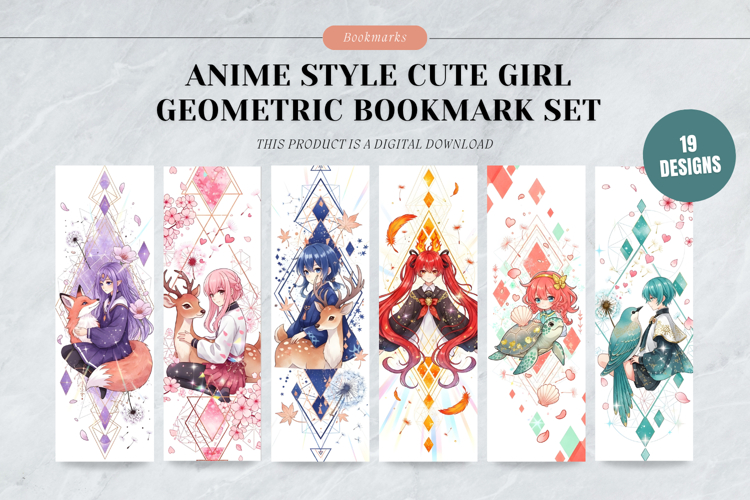 Anime-style Cute Girl Bookmark Set,Colorful Geometric Design example image 1