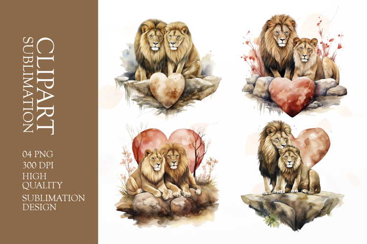Watercolor lion couple clipart sublimation png