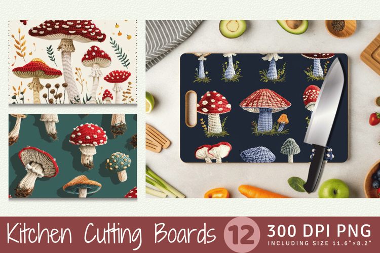 Crochet Mushroom Embroidery Cutting Boards sublimation Desig