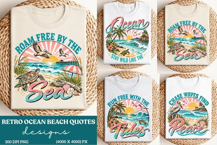 Roam Free by the Sea Coastal PNG, Retro Sea Turtle Beach Sub example image 1