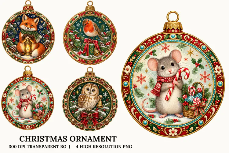 Christmas Ornament PNG Cute Woodland Animals Sublimation Art