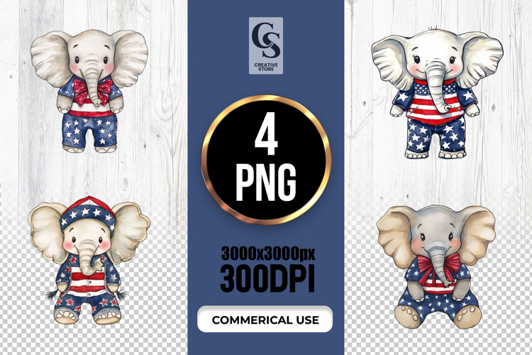 Cute Patriotic Elephant Watercolor Clipart PNG
