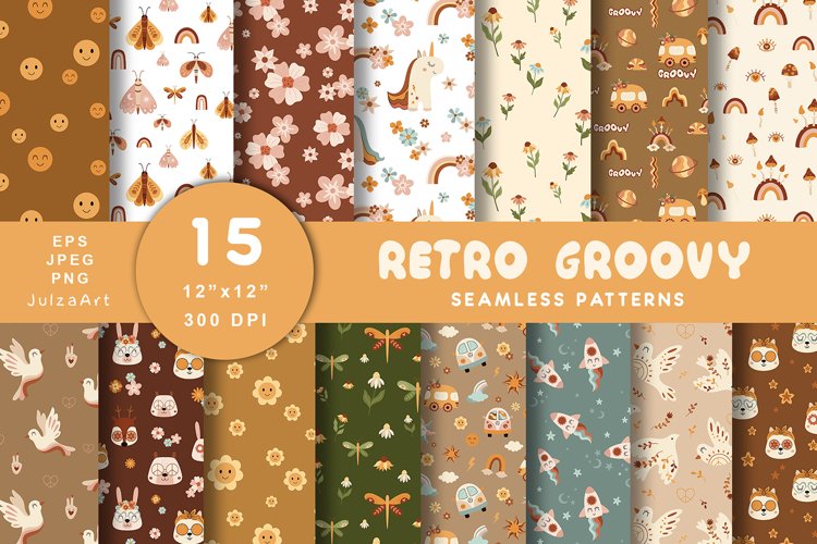 Retro seamless pattern, Groovy digital paper, Baby shower