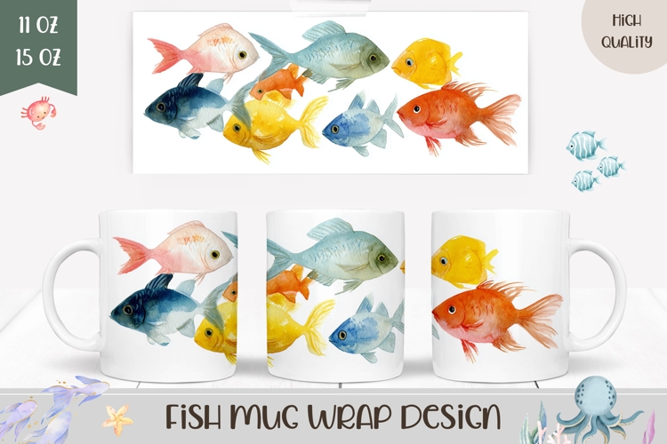 Watercolor Fish Mug Wrap, Sea Mug Design