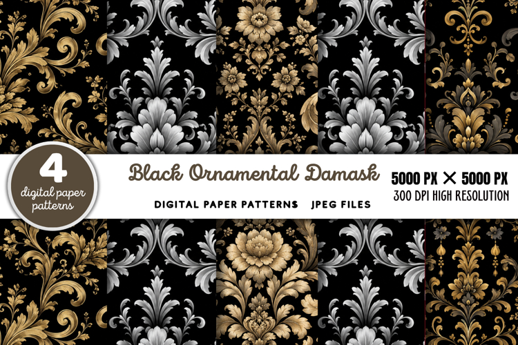 Black Ornamental Damask Patterns JPG