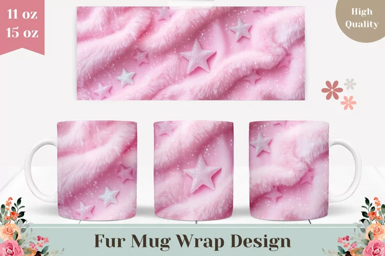 Pink Fur Mug Wrap Design, Stars Mug Sublimation Design