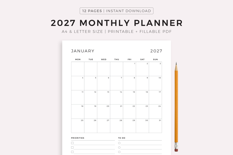 2027 Monthly Planner Printable & Fillable, A4/Letter Size