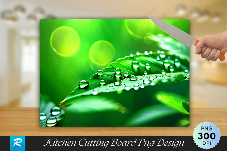 Water Drops on a Green Leaf Cutting Board Sublimation Design