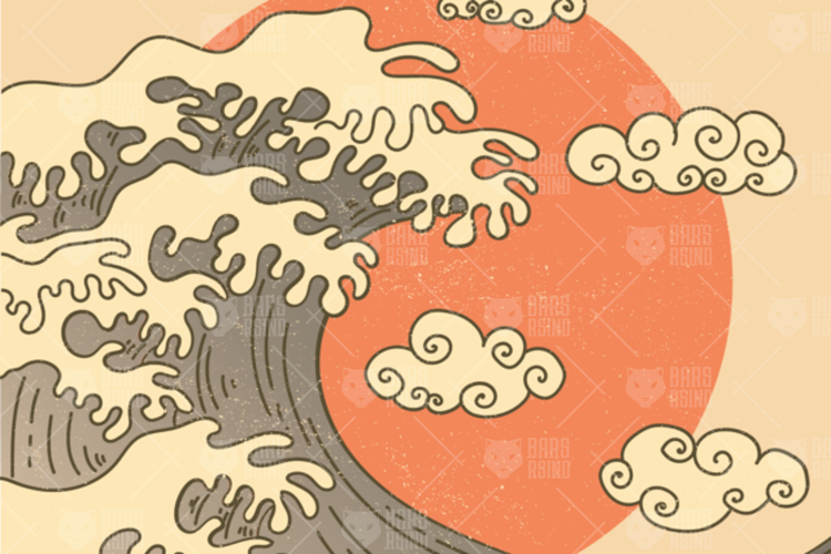 Japanese Ocean Wave and Red Sun Traditional Art Illustration