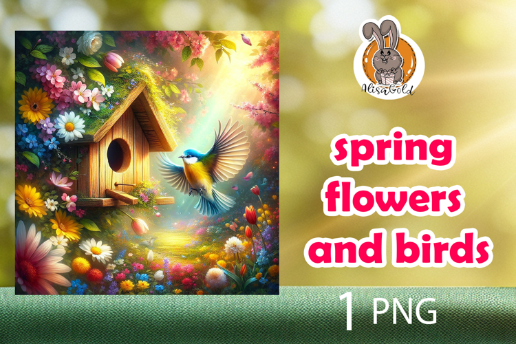 spring flowers, bird, birdhouse