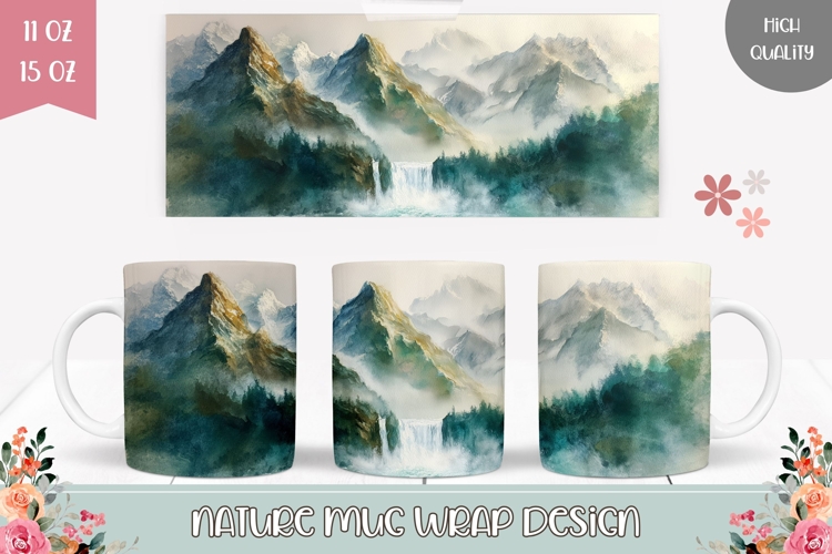 Watercolor Mountains Mug Design, Waterfall Mug Sublimation