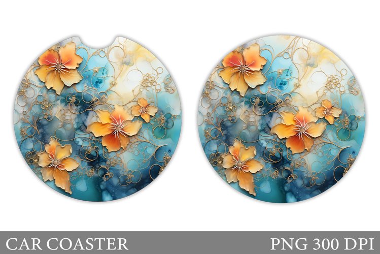 Alcohol Ink Car Coaster. Flowers Car Coaster Design