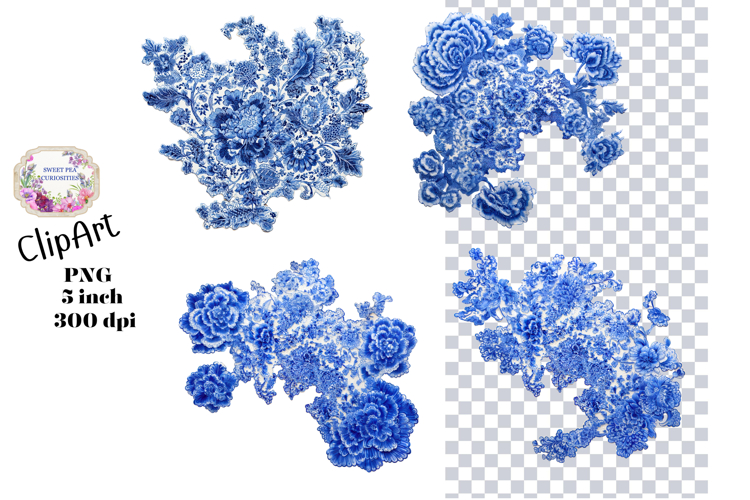 Blue Toile, Ephemera, PNG, Clipart, Junk Journal, flowers