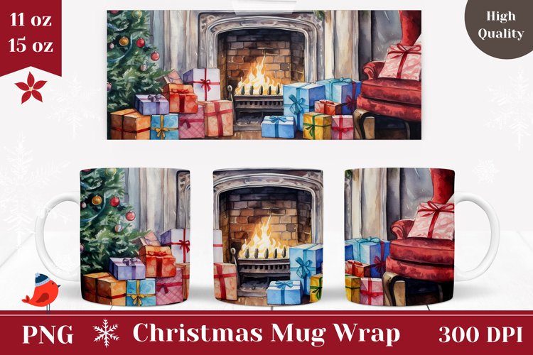Christmas Fireplace Mug Wrap Design, Christmas Coffee Cup