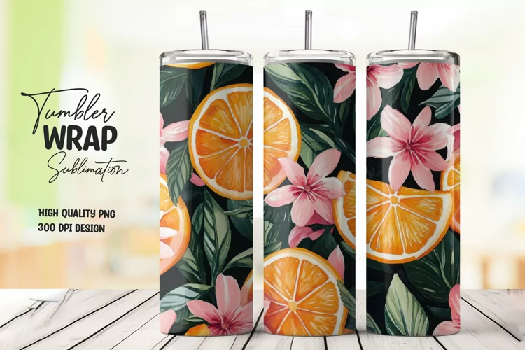 Orange with Leaves and Flowers Tumbler Wrap Sublimation
