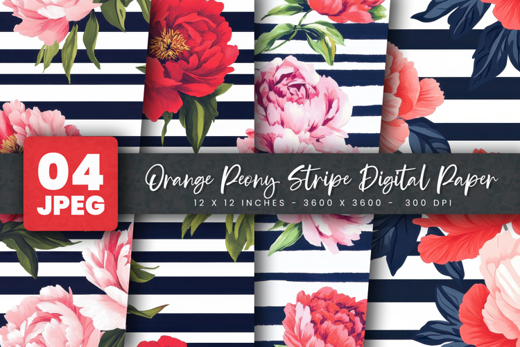 Orange Peony Stripe Digital Paper