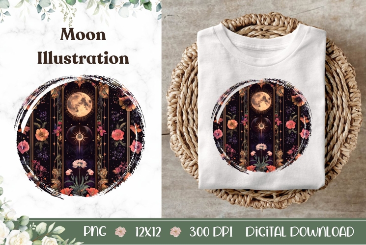 Celestial Moon Illustration PNG, Boho Flowers Illustration