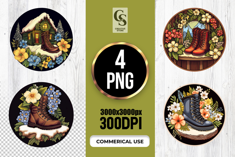Floral Cottage Boots Clipart Sublimation PNG
