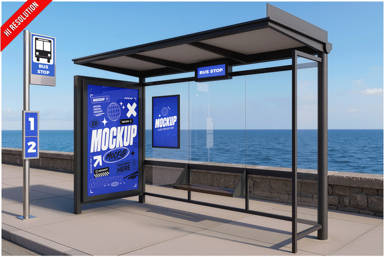 Bus Stop Poster Ocean View Mockup