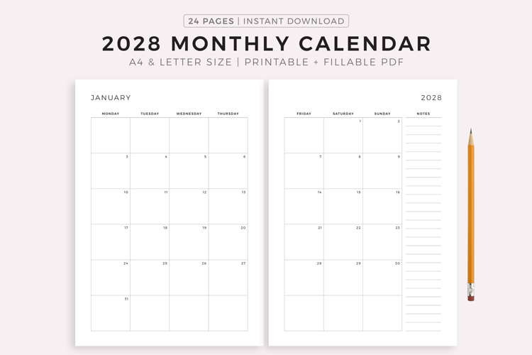 2028 Monthly Calendar on Two Pages with Notes, Printable example image 1