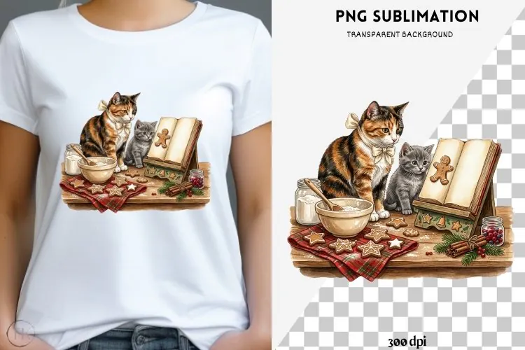 Christmas bookish cat png design for T-shirts