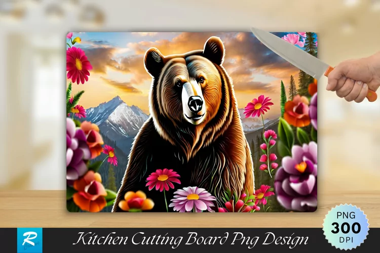 Bear With Flowers Cutting Board Sublimation Design