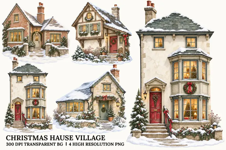 Christmas House Village PNG, Snowy Cottage Sublimation Art