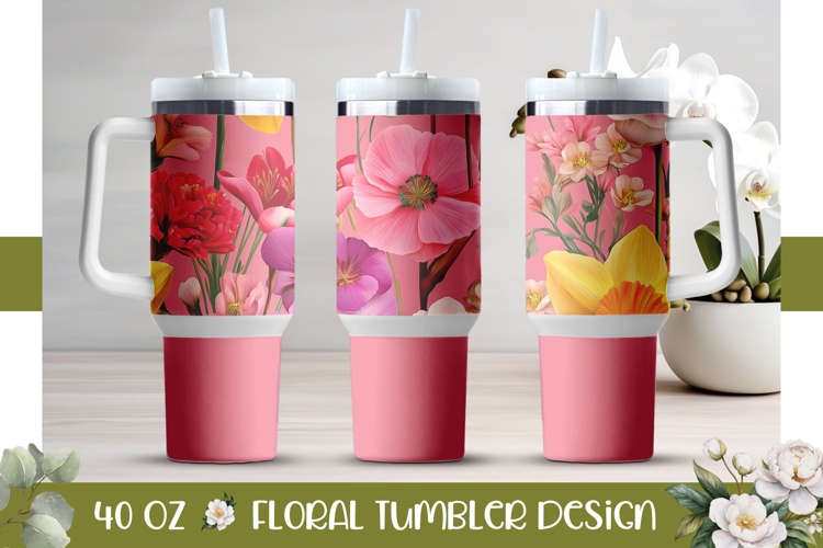 Narcissus Tumbler PNG, Pink 40 Oz Tumbler Template