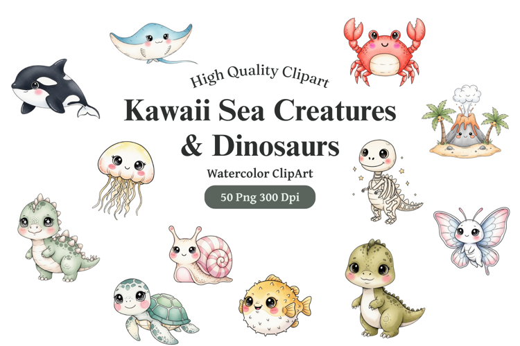 Kawaii Sea Creatures & Dinosaurs Watercolor Clipart