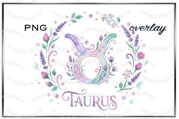 Watercolor taurus zodiac sign with boho floral wreath png