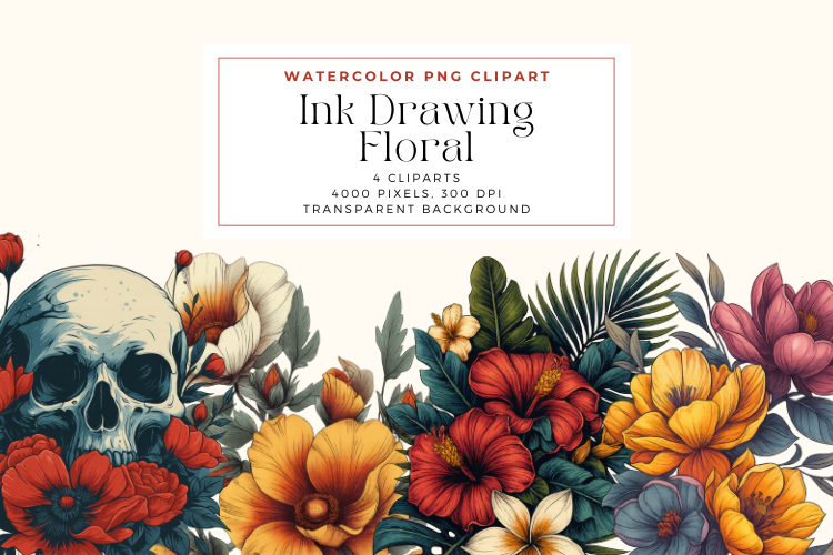 Watercolor Ink Drawing Floral Cliparts