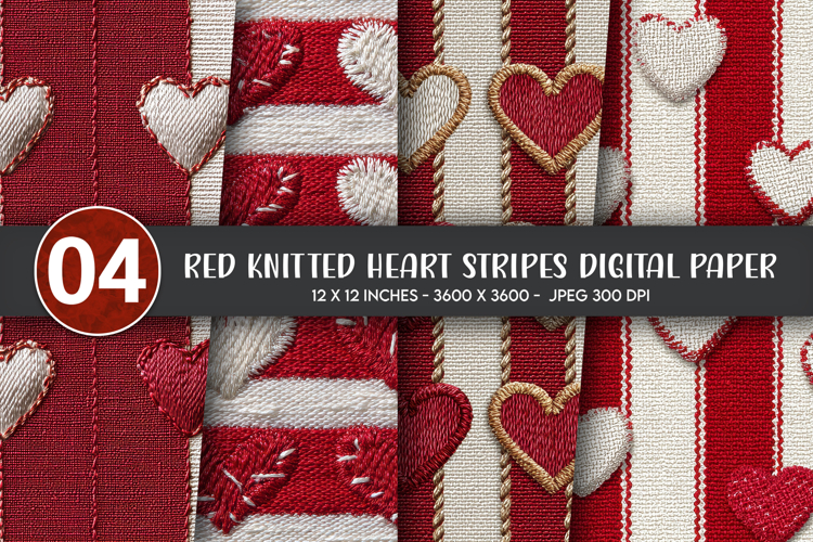 Red Knitted Heart Stripes Digital Paper