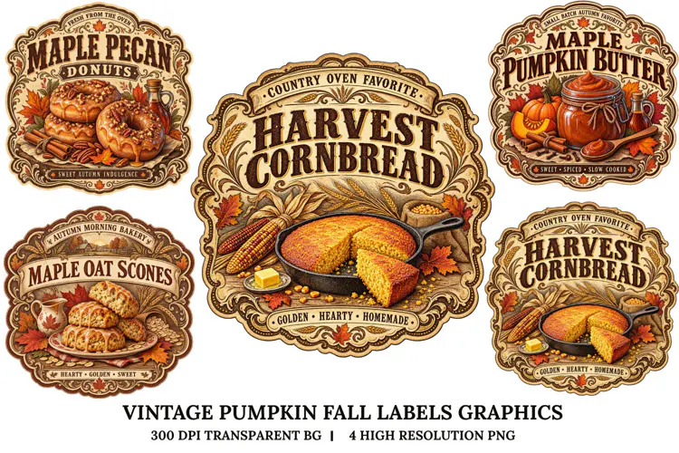Vintage Pumpkin Fall Labels PNG Autumn Bakery Sublimation
