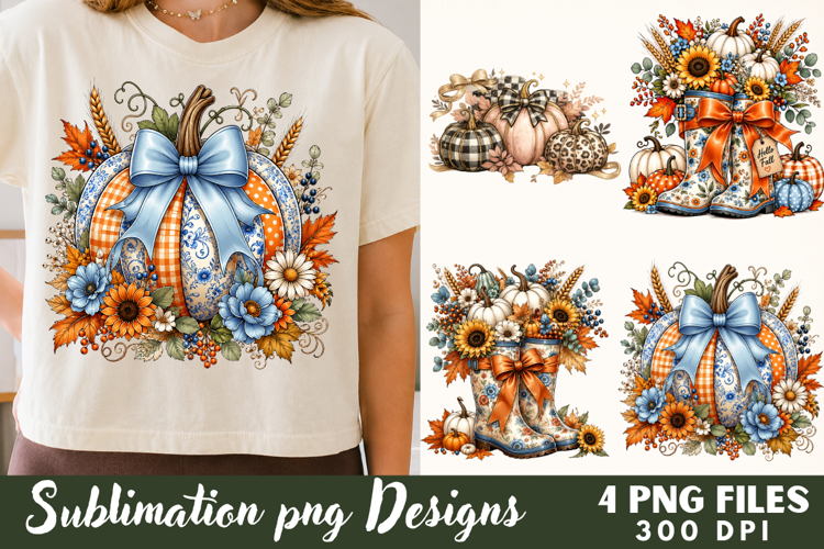 Watercolor Blue & Orange Fall Pumpkin PNG Sublimation Design