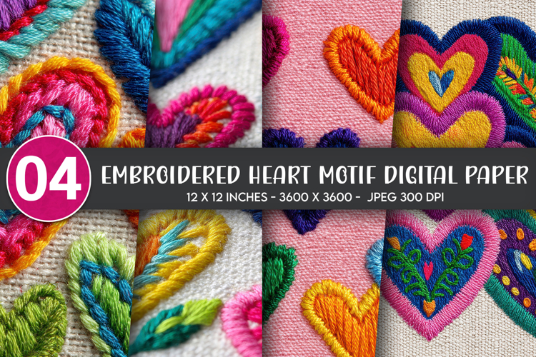 Embroidered Heart Motif Digital Paper