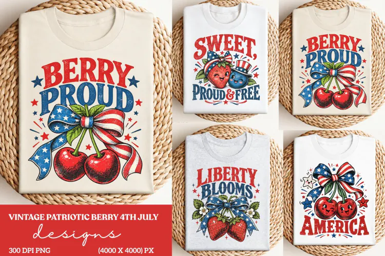 Berry Proud Patriotic Cherry PNG, Vintage Fourth of July Fru