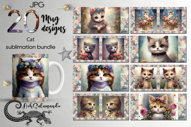 20 Cats Mug designs | watercolor Sublimation design bundle