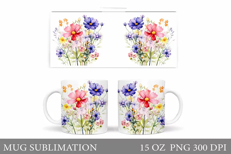 Flowers Mug Wrap Sublimation. Wildflowers Mug Wrap Design