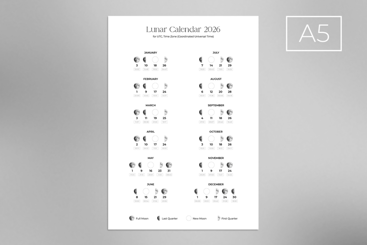 2026 Moon Phases Calendar A5 Printable PDF PNG