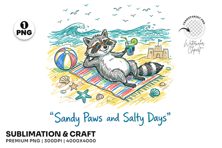 Summer Coastal Sandy Paws and Salty Days Raccoon T-Shirt PNG