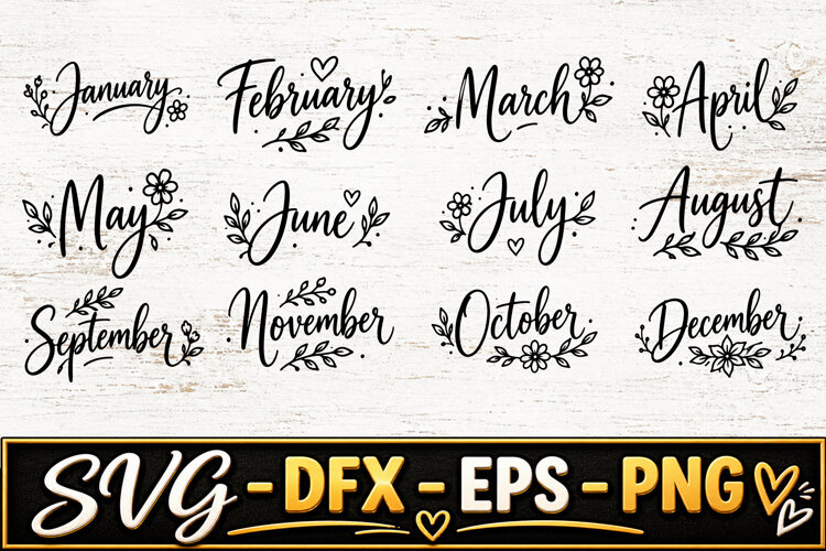 12 Months Floral Calendar SVG PNG example image 1