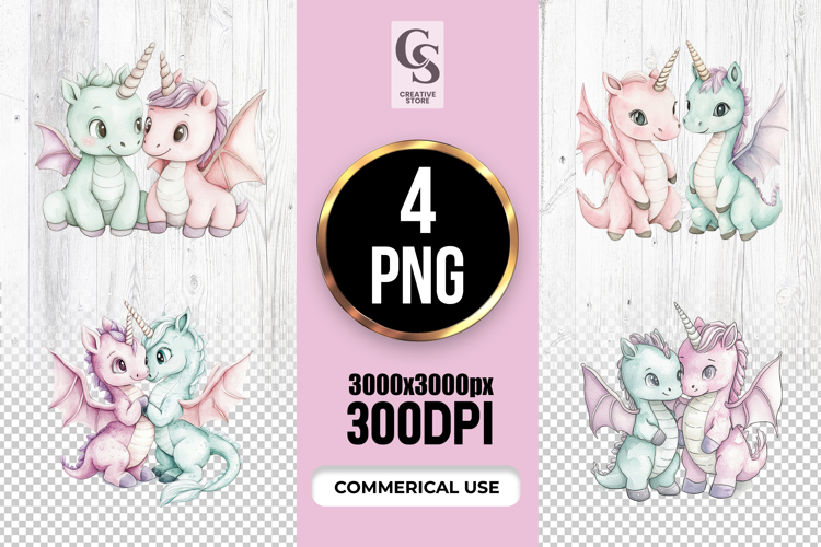 Cute Pastel Unicorn Dragon Duo Clipart Sublimation PNG