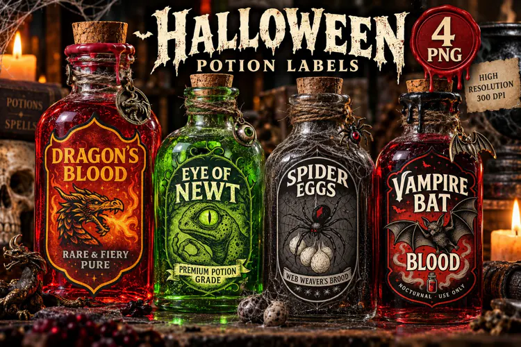 Dark Apothecary PNG, Dragon Blood & Vampire Potion Labels