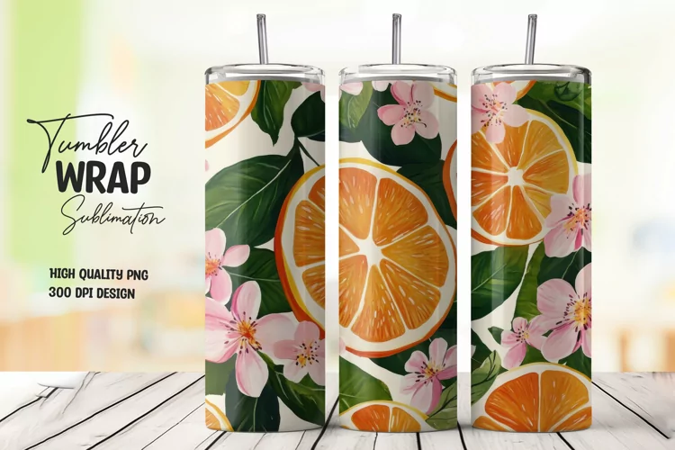 Orange with Leaves and Flowers Tumbler Wrap Sublimation