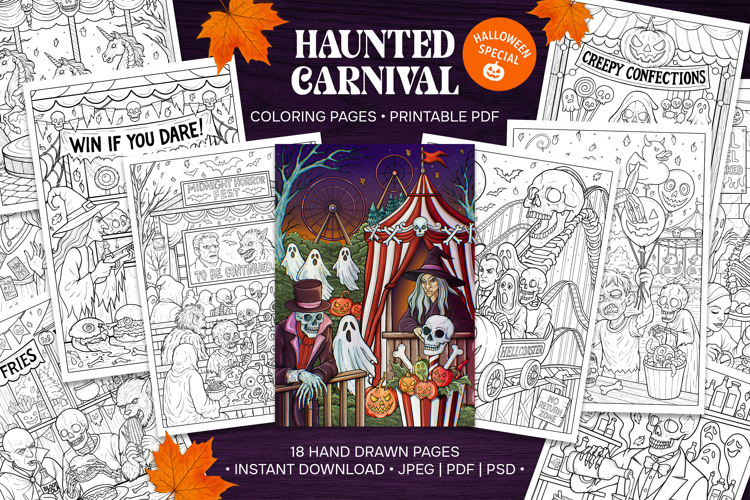 Gothic Halloween Carnival Coloring pages, Creepy Cute PDF