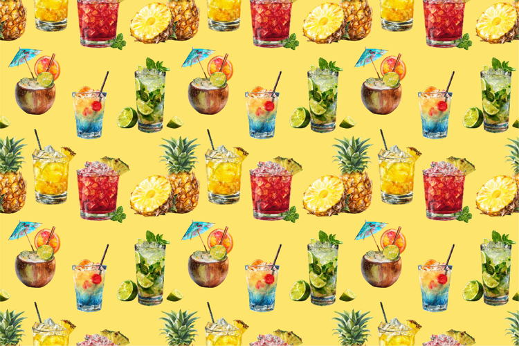 Tropical Watercolor Pattern Cocktail and Pineapple