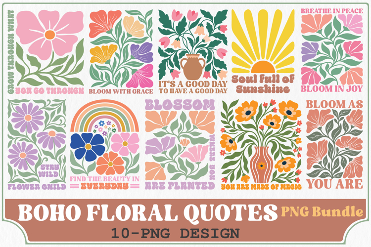 Boho Floral Quotes PNG Bundle, Aesthetic Design