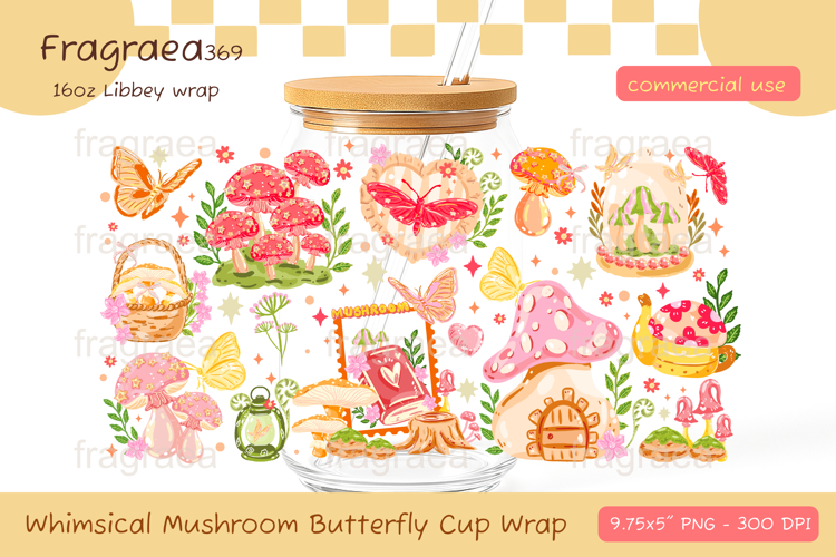 Whimsical Mushroom Butterfly Glass Can Wrap, Cute flower PNG