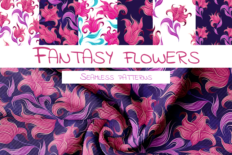 Fantasy flowers seamless patterns set