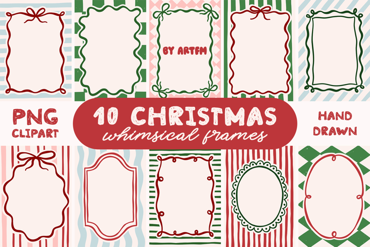 10 Whimsical Christmas Frames Clipart PNG Bundle